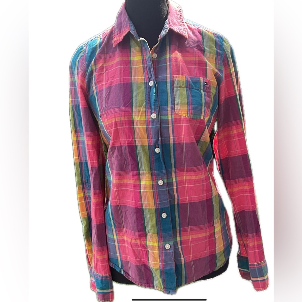 Tommy Hilfiger Casual Pink and Blue Plaid Shirt